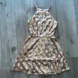 Lulus NWT Dancing Lights Rose Gold Sequin Skater Dress XS